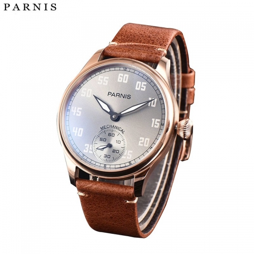 44mm Parnis Hand Winding Movement Men's Pilot Watch Leather Strap Small Second